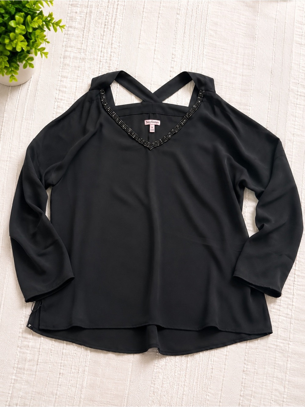 Juicy Couture Black V-Neck Beaded Strap Blouse